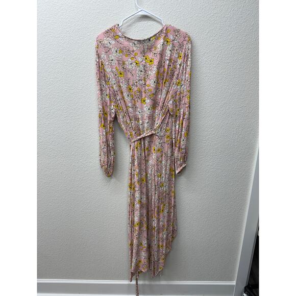 Eloquii Dress Women's Plus Size 20 Pink Yellow Floral Wrap Midi Dress Summer - Picture 2 of 4